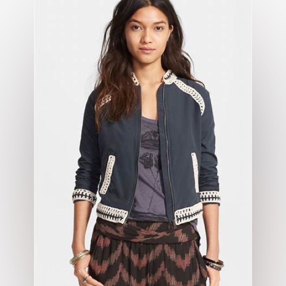 Free People baseball jacket cropped crochet trim Size Large